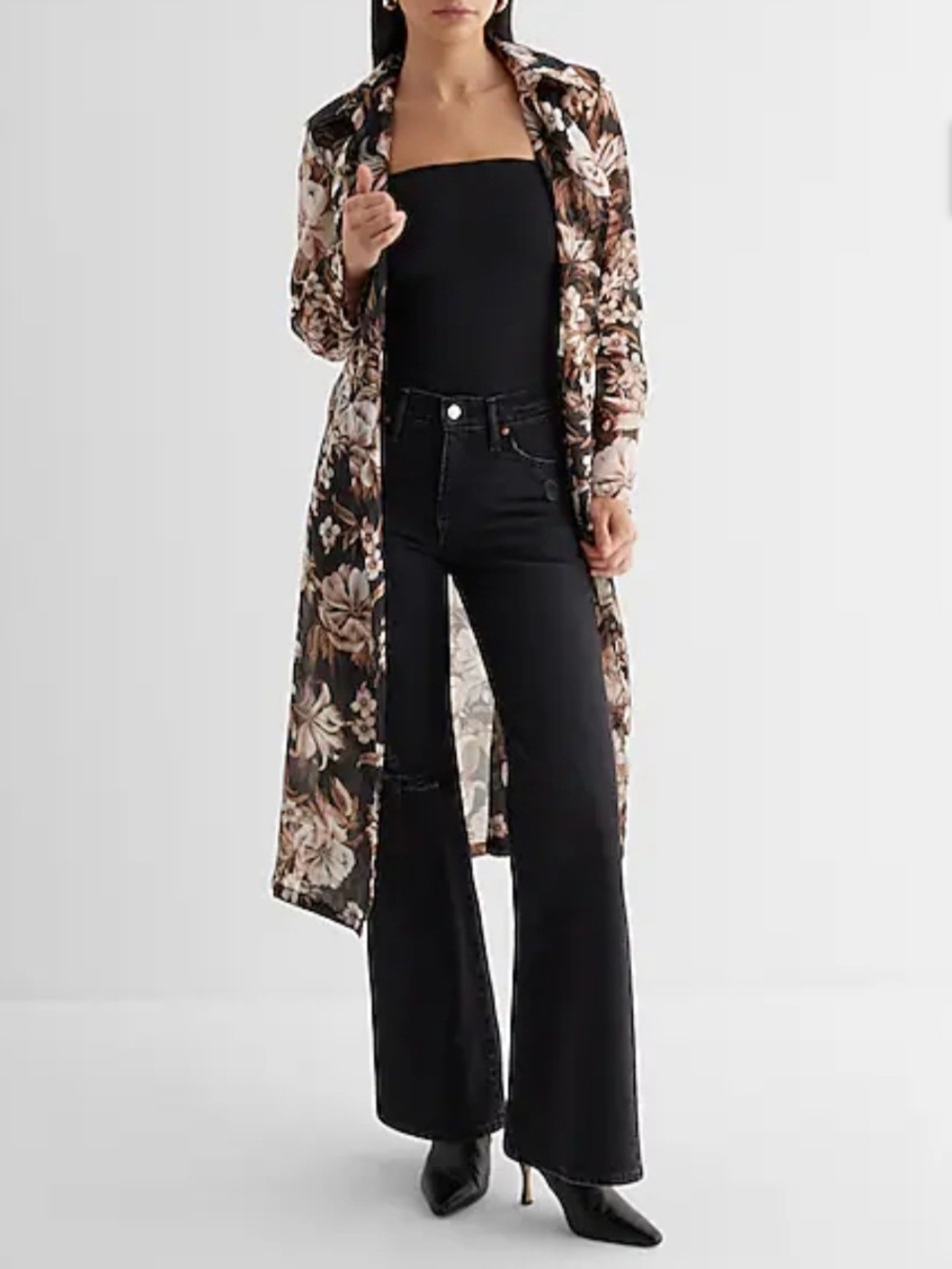 Express Floral Sheer Belted Trench Coat